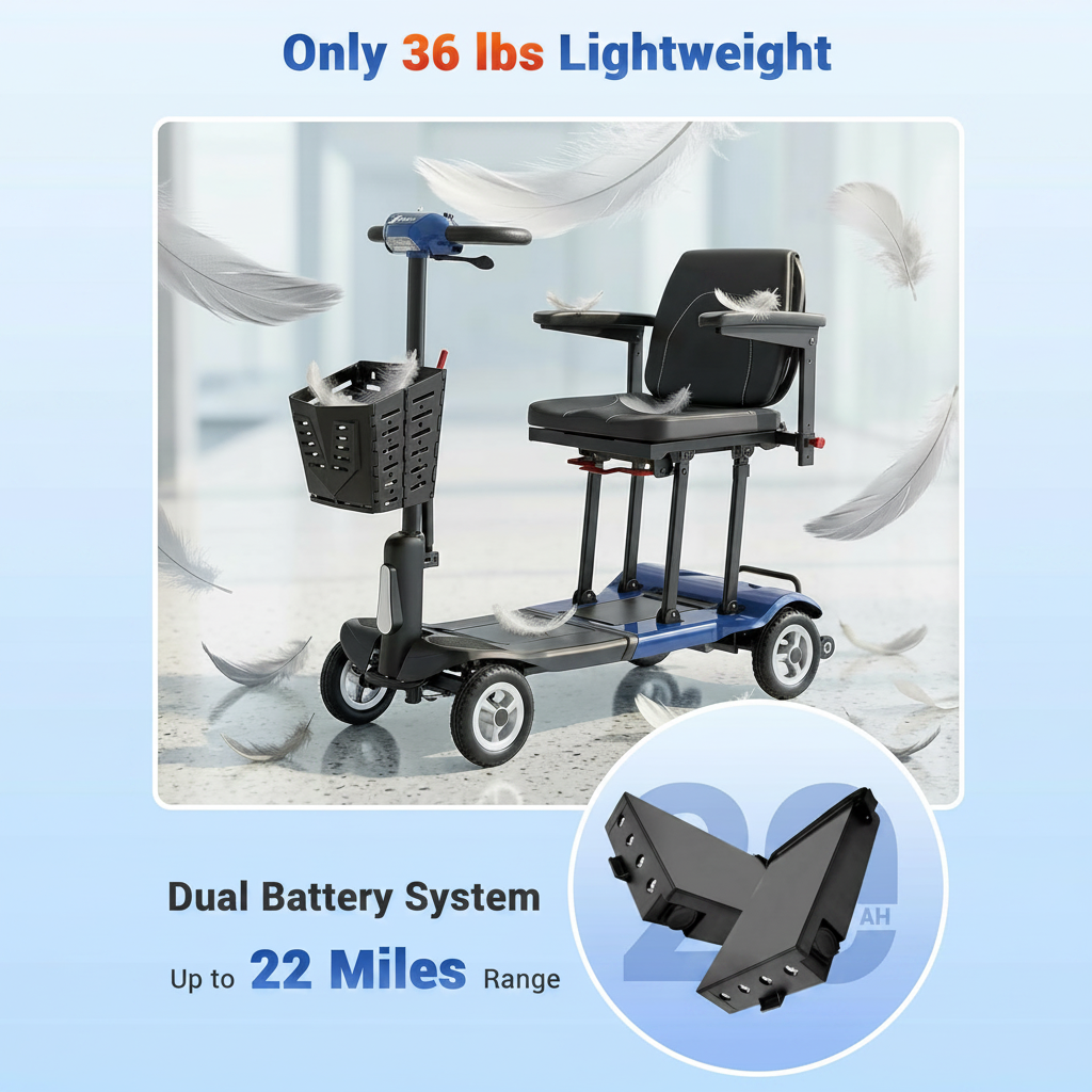 Ultra Lightweight Mobility Scooter for Adults, 36 Lbs Foldable Electric Scooter with Dual Lithium Batteries, 22 Miles Range Portable Travel Scooter for Seniors, Airline Approved