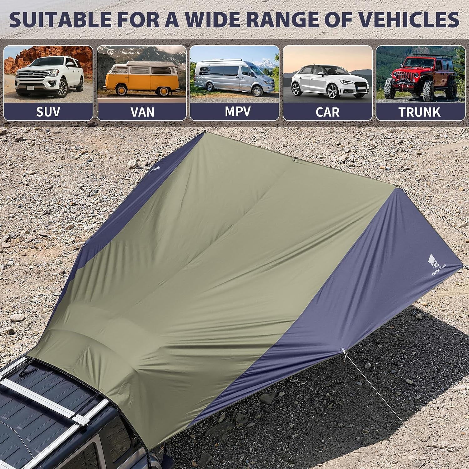 Large Car Awning Tarp Blackout Sun Shade Shelter for SUV Truck Tailgate Canopy Waterproof for Camping Beach Tailgating - Easy Setup with Poles