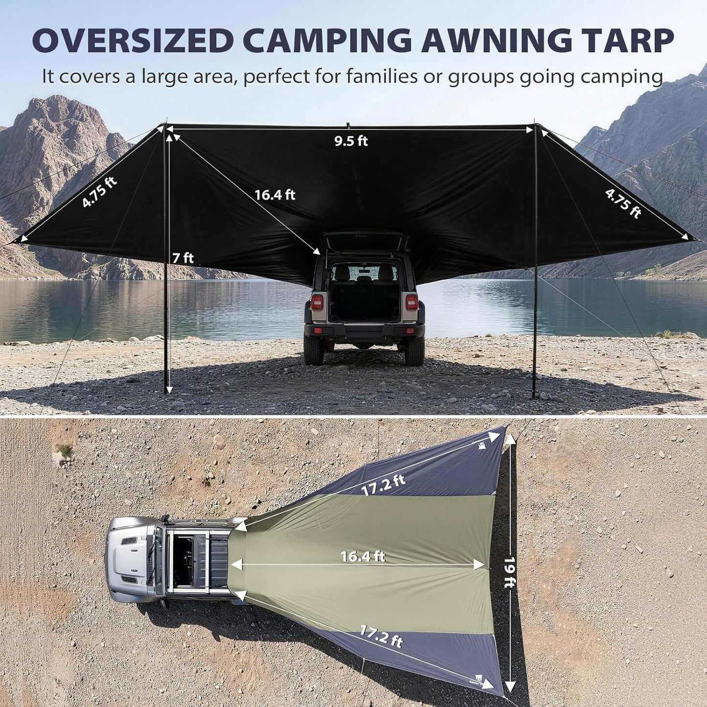 Large Car Awning Tarp Blackout Sun Shade Shelter for SUV Truck Tailgate Canopy Waterproof for Camping Beach Tailgating - Easy Setup with Poles
