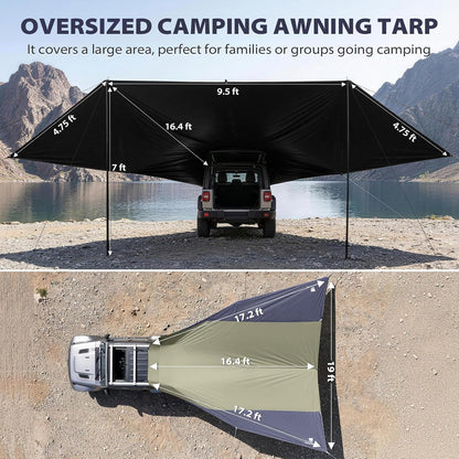 Large Car Awning Tarp Blackout Sun Shade Shelter for SUV Truck Tailgate Canopy Waterproof for Camping Beach Tailgating - Easy Setup with Poles