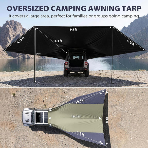 Large Car Awning Tarp Blackout Sun Shade Shelter for SUV Truck Tailgate Canopy Waterproof for Camping Beach Tailgating - Easy Setup with Poles