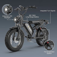 20" Fat Tire Electric Motorcycle Ebikes for Adults, 1500W Peak Electric Dirt Bike with Full Suspension, 48V 18AH Battery Moped, 40-70 Miles Range, LED Headlight,Turn Signals — infographic