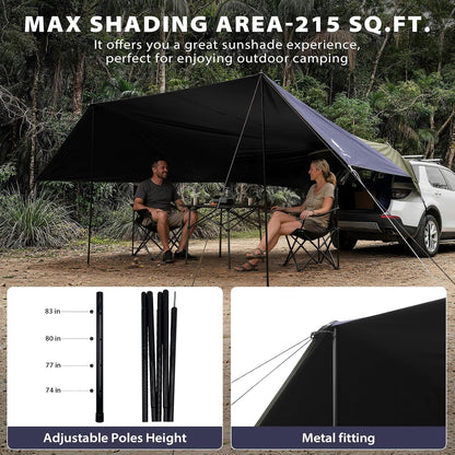 Large Car Awning Tarp Blackout Sun Shade Shelter for SUV Truck Tailgate Canopy Waterproof for Camping Beach Tailgating - Easy Setup with Poles