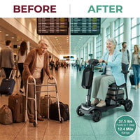 37.5Lb Lightweight Mobility Scooter for Seniors & Adults - Cruise & Airline Approved, Removable Lithium Battery, Foldable Portable Travel Motorized Scooter, No Assembly Needed, 12.4Miles Range, Black — Before & After