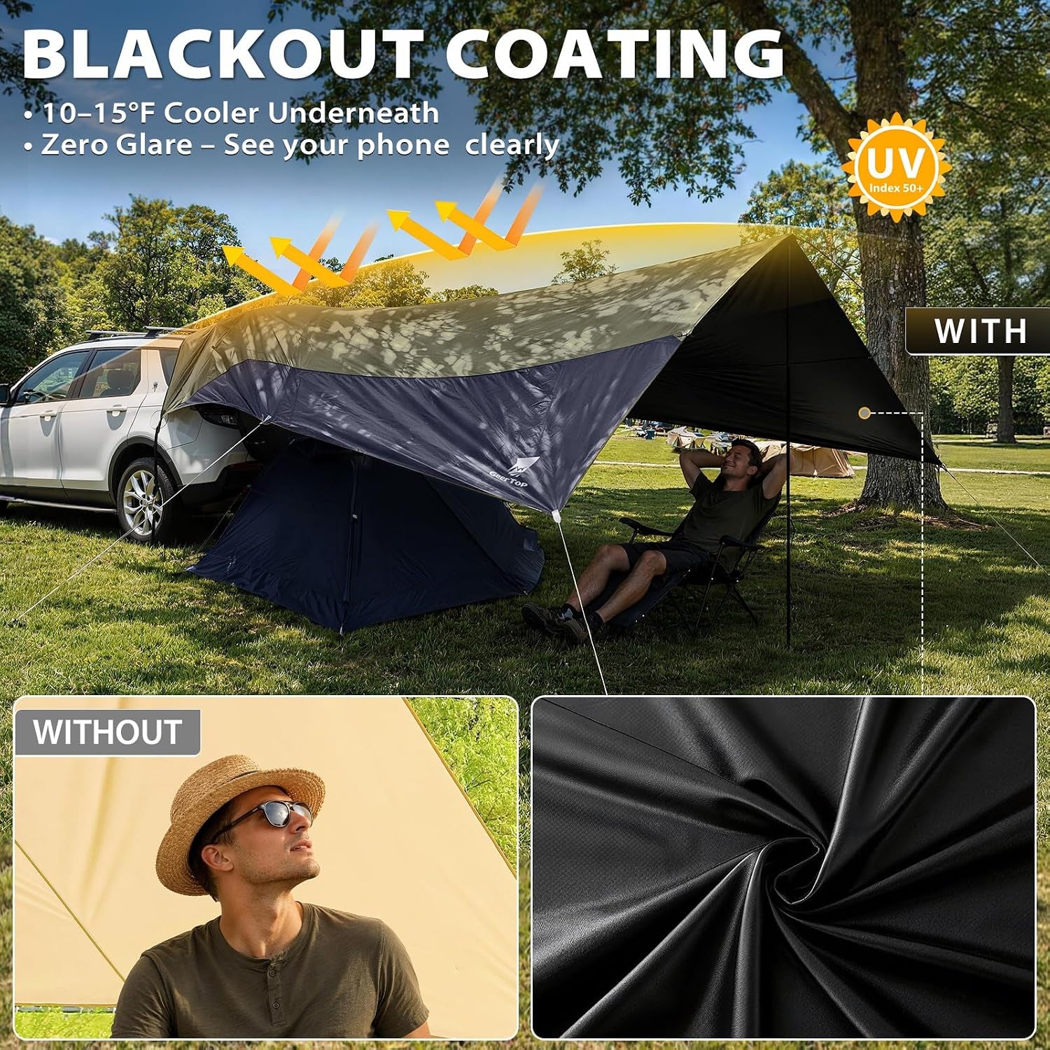 Large Car Awning Tarp Blackout Sun Shade Shelter for SUV Truck Tailgate Canopy Waterproof for Camping Beach Tailgating - Easy Setup with Poles