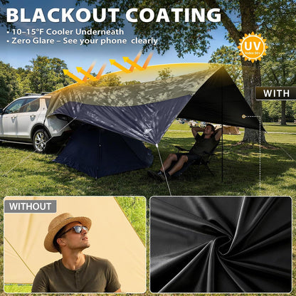 Large Car Awning Tarp Blackout Sun Shade Shelter for SUV Truck Tailgate Canopy Waterproof for Camping Beach Tailgating - Easy Setup with Poles