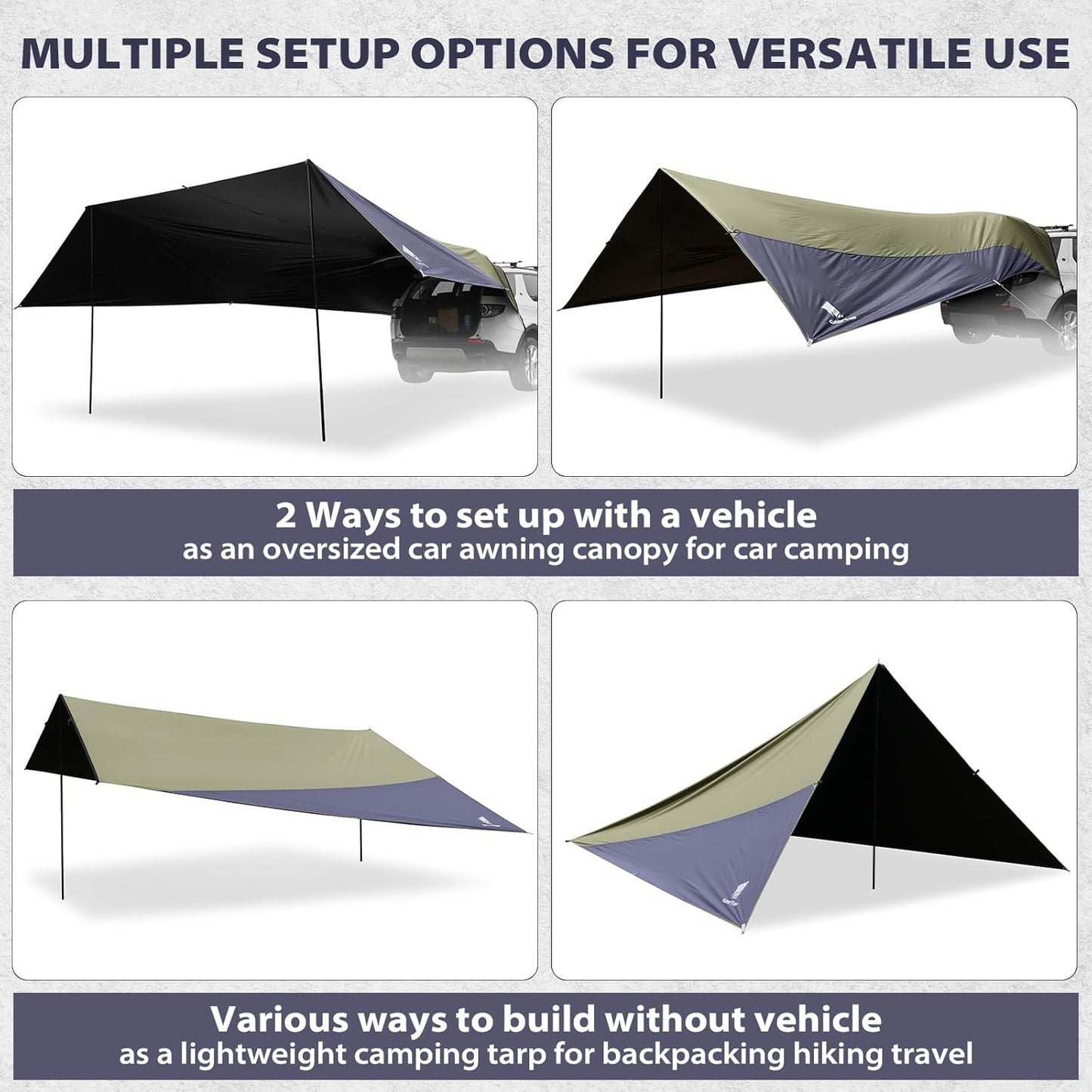 Large Car Awning Tarp Blackout Sun Shade Shelter for SUV Truck Tailgate Canopy Waterproof for Camping Beach Tailgating - Easy Setup with Poles