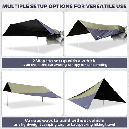 Large Car Awning Tarp Blackout Sun Shade Shelter for SUV Truck Tailgate Canopy Waterproof for Camping Beach Tailgating - Easy Setup with Poles