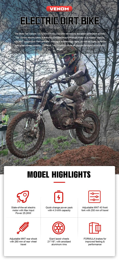 72V High Pro 12kW Electric Dirt Bike | 77 MPH, 50Ah Battery, 4-Speed Manual