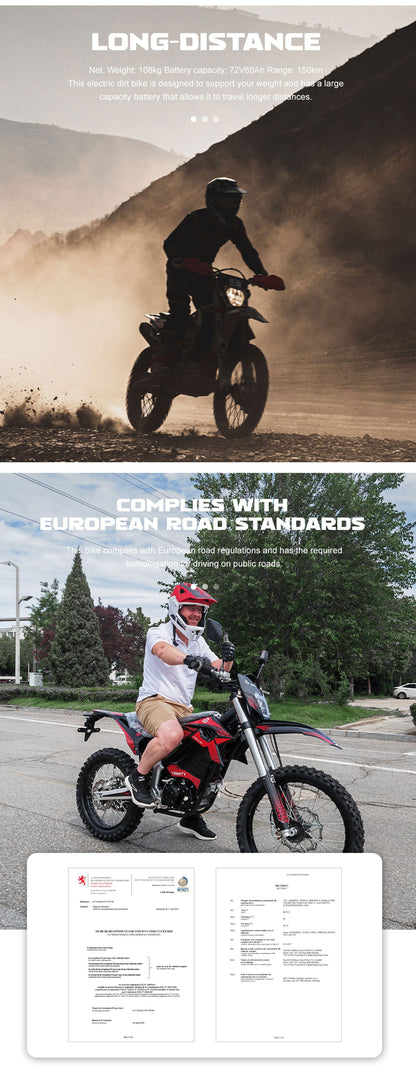 72V High Pro 12kW Electric Dirt Bike | 77 MPH, 50Ah Battery, 4-Speed Manual