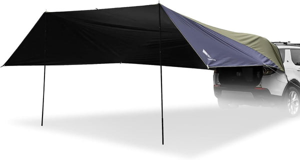 Large Car Awning Tarp Blackout Sun Shade Shelter for SUV Truck Tailgate Canopy Waterproof for Camping Beach Tailgating - Easy Setup with Poles
