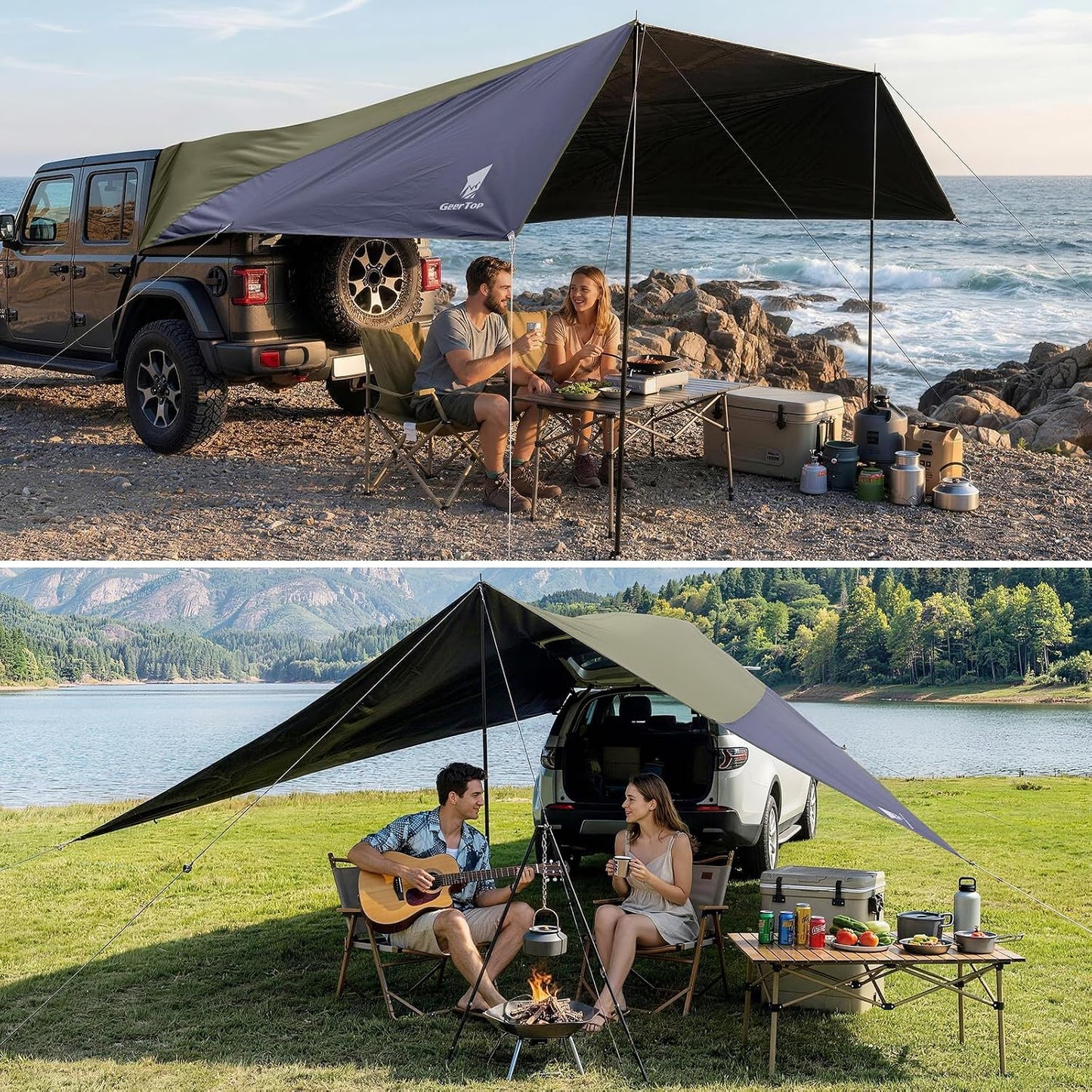 Large Car Awning Tarp Blackout Sun Shade Shelter for SUV Truck Tailgate Canopy Waterproof for Camping Beach Tailgating - Easy Setup with Poles