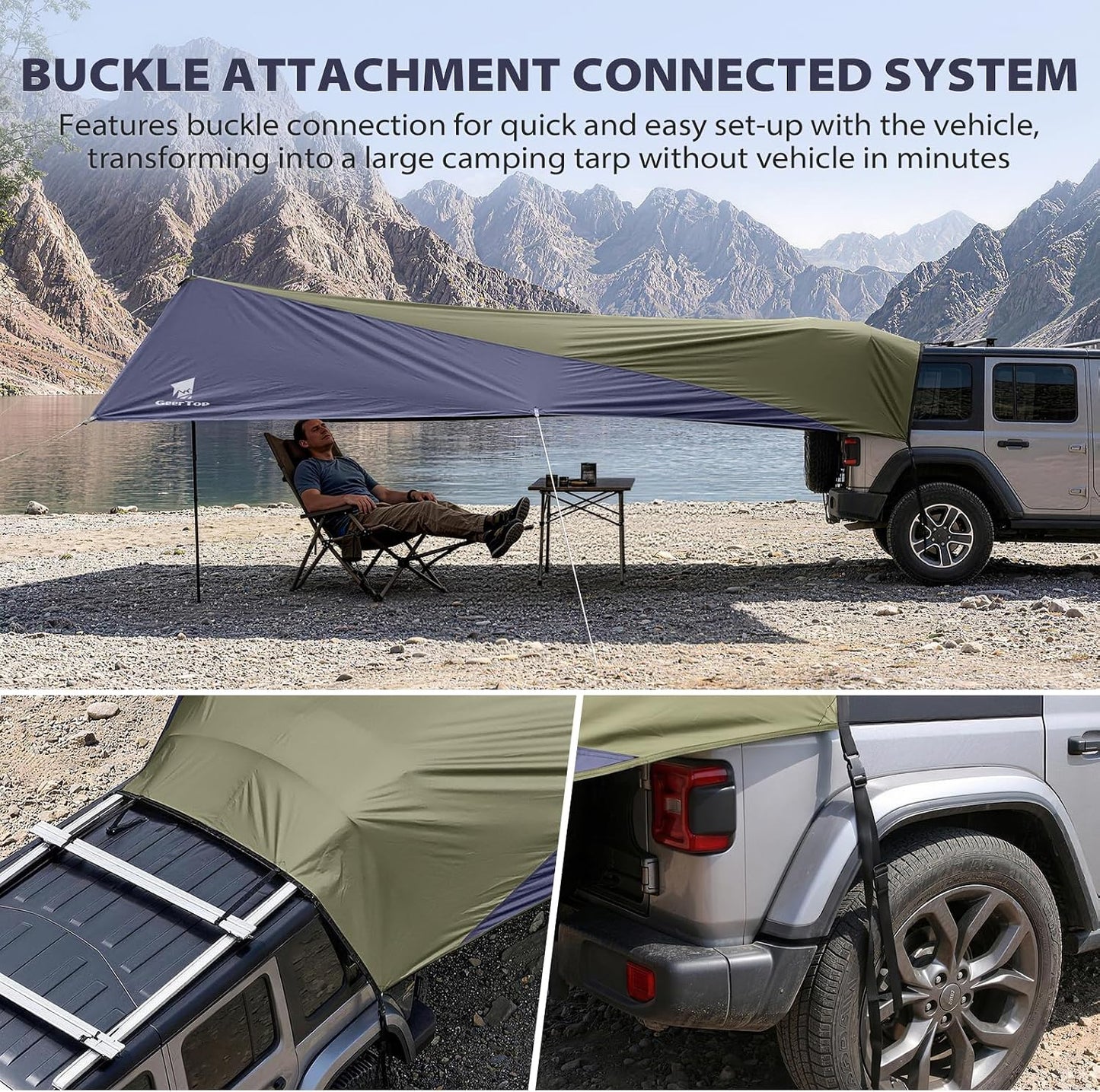 Large Car Awning Tarp Blackout Sun Shade Shelter for SUV Truck Tailgate Canopy Waterproof for Camping Beach Tailgating - Easy Setup with Poles