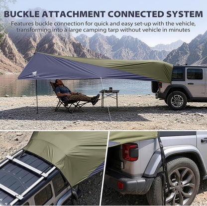 Large Car Awning Tarp Blackout Sun Shade Shelter for SUV Truck Tailgate Canopy Waterproof for Camping Beach Tailgating - Easy Setup with Poles