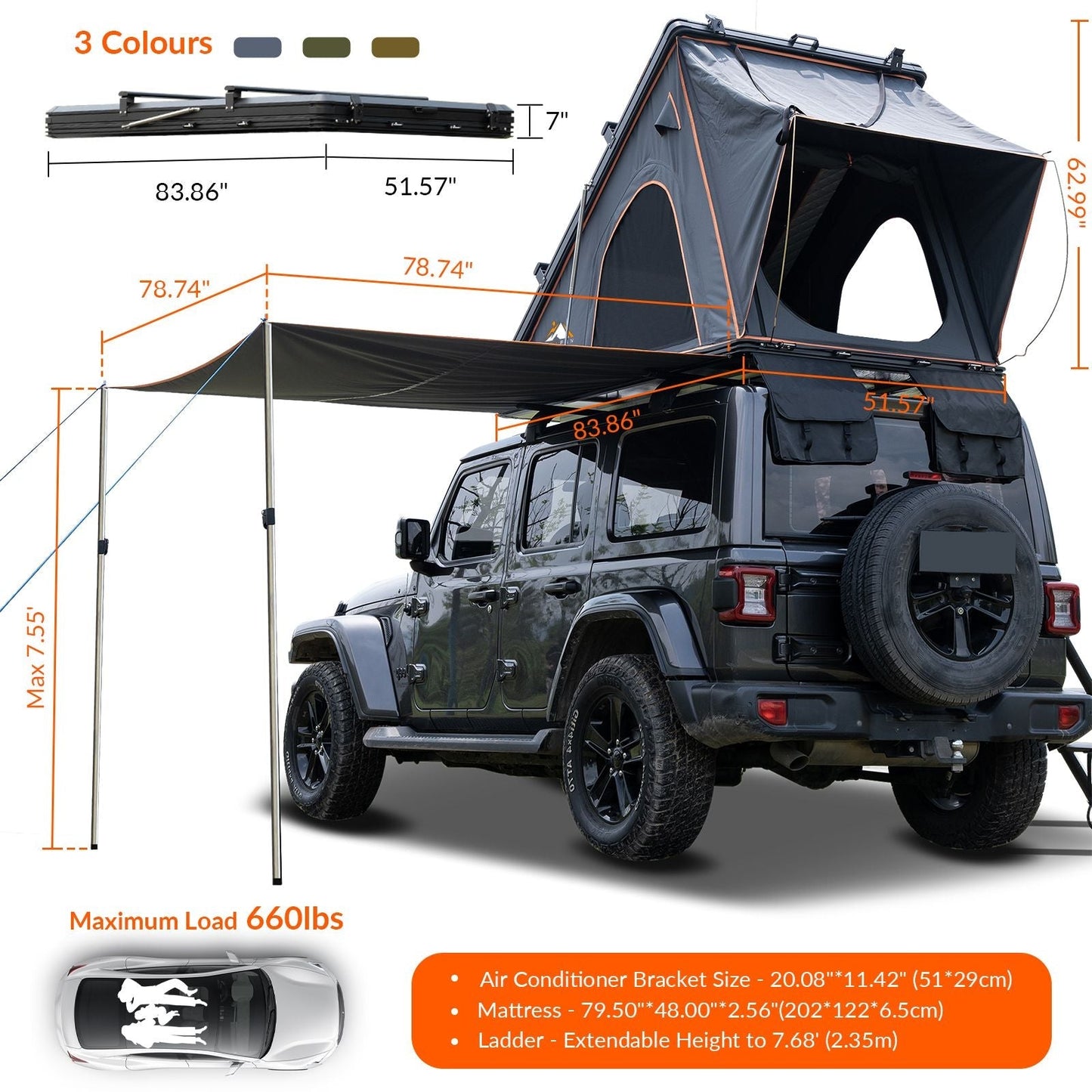 HEYFUN Explorer Plus Hard-Shell Rooftop Tent with Side Awning | 2–3 Person