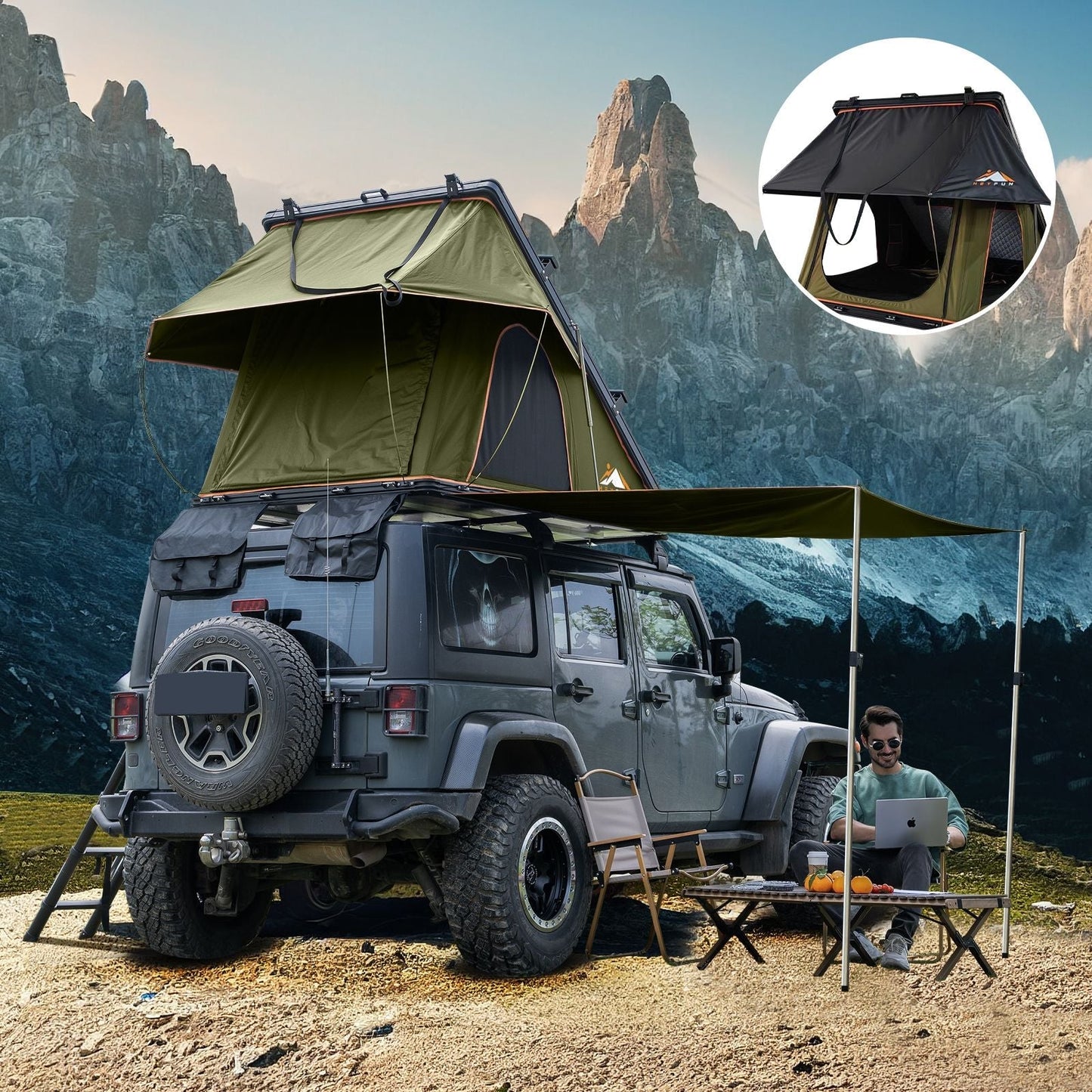HEYFUN Adventurer Plus Hard-Shell Rooftop Tent | 2–3 Person with Awning