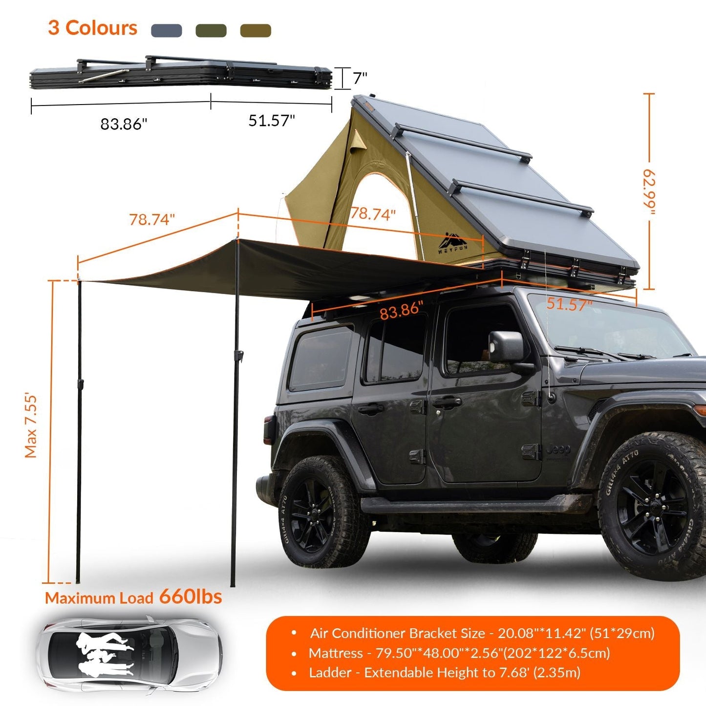 HEYFUN Explorer Plus Hard-Shell Rooftop Tent with Side Awning | 2–3 Person
